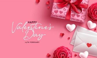 Happy Valentinstag Vektor Hintergrunddesign. valentinstaggrußkarte mit liebesbrief und geschenk