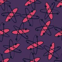 slumpmässiga sömlösa ljusa mönster med rosa färgade atomer silhuetter. kemi tryck på lila bakgrund. vektor