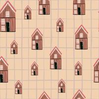 Zufällige Häuser Silhouetten nahtloses Muster. Gekritzelhäuschenverzierung auf rosa Hintergrund mit Karo. vektor