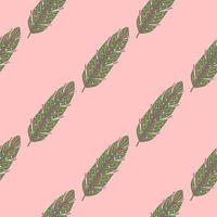 grünes nahtloses muster mit diagonalem federdruck im handgezeichneten stil. rosa Pastellhintergrund. vektor