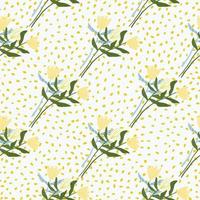 nahtloses blumenmuster des sommers mit gelben tulpenblumen. weißer Hintergrund mit Punkten. einfache botanische Kulisse. vektor