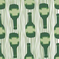 lustiges nahtloses muster der grünen glasflasche auf streifenhintergrund. Alkohol-Rum-Flaschen. vektor