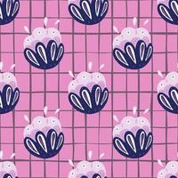 Marineblaue Volksblumen mit nahtlosem Muster in kreativem Design. rosa karierter hintergrund. vektor