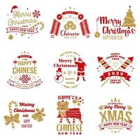 satz frohe weihnachten und frohes chinesisches neujahrsdesign im retro-stil. Vektor. vintage typografie design für chinesisches neujahrs- und weihnachtsemblem. vektor