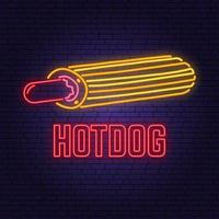 Neon-Hot-Dog-Frankreich-Retro-Schild auf Backsteinmauerhintergrund. Design für Café, Restaurant. Vektor. neondesign für kneipen oder fast-food-geschäfte. Lichtzeichenbanner. Glasrohr. vektor