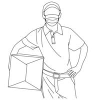leveransbud man bär medicinska ansiktsmasker för att skydda mot sjukdomar, luftföroreningar eller mers-cov. tjänst under karantän pandemi covid-19. manlig kurir håller en kartong och urklipp vektor