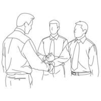 Illustration Strichzeichnung eines Geschäftsmannes, der seinen Arm für einen Händedruck ausstreckt. Geschäftsmann lächelt und bietet seine Hand an, um sich in seinem Büro die Hand zu schütteln. geschäftsmann, der dem partner seine hand zum händedruck gibt vektor