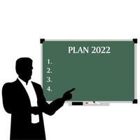 Mann und Tafel mit Geschäfts- und Wirtschaftsplan 2022 auf weißem Hintergrund. vektor
