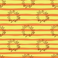 Nahtloses Cartoon-Muster mit sonnenschwarzen Silhouetten. konturierte geometrische Formen auf Hintergrund mit gelben und orangefarbenen Streifen. vektor