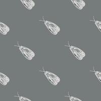 minimalistisches dunkles nachtmotten-nahtloses gekritzelmuster. hand gezeichnete weiße einfache insektenschattenbilder auf grauem hintergrund. vektor