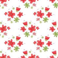 isolerade sömlösa mönster med enkla kreativa röda och gröna blommor silhuetter på vit bakgrund. vektor