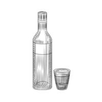 Flasche Wodka und Full-Shot-Getränk. hand gezeichnete alkoholglasflaschenskizze isoliert vektor