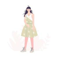 lächelndes Mädchen in einem Sommerkleid. junge Gärtnerin. Sommer-Frühlings-Outfit. hand zeichnen illustration im karikaturstil. Vektor