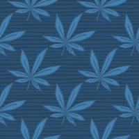 enkel sömlös doodle cannabis mönster. löv och bakgrund med remsor i marinblå palett. vektor