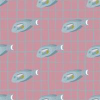 bleka toner seamless mönster med kreativ blå kirurg fisk prydnad. rosa rutig bakgrund. vektor