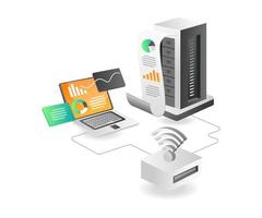 isometrisk illustration koncept. wifi-router dataanalysserver vektor