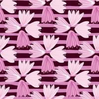 Nahtloses Muster mit Doodle-Tulpen-Silhouetten. Knospenelemente in hellen Farben auf lila und lila gestreiftem Hintergrund. vektor