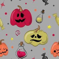 halloween nahtloses muster mit kürbissen, trank und süßigkeiten. vektor