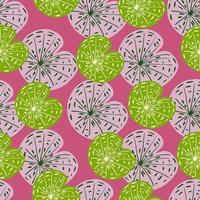 dekoratives nahtmuster mit doodle einfachen grünen und lila lilienwassersilhouetten. rosa Hintergrund. vektor
