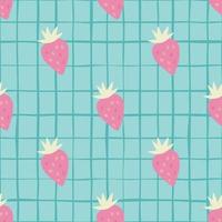 Tapete im Doodle-Stil mit Erdbeeren. Einfaches nahtloses Muster der Erdbeere auf Streifenhintergrund. vektor