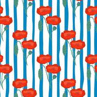 helle Mohnblume Silhouetten nahtlose Muster. Blumenornament in roter Farbe auf Hintergrund mit blauen und weißen Streifen. vektor