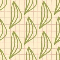 grüne Umrissblätter auf nahtlosem Blumenmuster. rosa karierter Hintergrund. einfaches Design. vektor