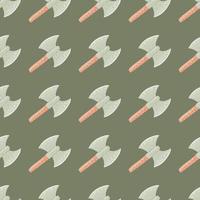 Wikingerbeile nahtloses Doodle-Muster in blassen Pastelltönen. Graue skandinavische alte Rüstungssilhouetten auf grünem Hintergrund. vektor