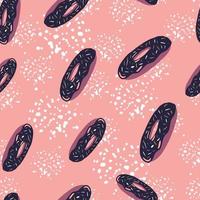 Nahtloses Zufallsmuster mit stilisierten Donuts-Elementen. Marineblau und violett gefärbte Lebensmittelverzierung auf rosa Hintergrund mit Spritzern. vektor
