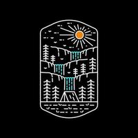 läger i skogen med vackra vattenfall - line art mono linje för pin grafisk illustration vektor konst t-shirt design