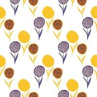 isolierte Löwenzahnblumen Silhouetten nahtloses Muster. weißer Hintergrund mit gelbem, violettem und orangefarbenem botanischem Ornament. vektor