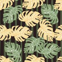 slumpmässiga sömlösa mönster med orange och grönt färgade monstera blad. mörkrandig bakgrund. vektor