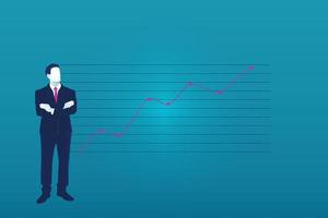 Geschäftsmann, der darüber nachdenkt, Erfolg zu haben. Wachsen Sie Diagramm nach oben, erhöhen Sie den Gewinn, den Umsatz und den Investitionshintergrund vektor