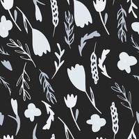 folkblomma skog prydnad sömlösa doodle mönster. ljusgrå blommiga silhuetter på mörk svart bakgrund. kontrast design. vektor