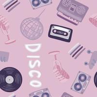 Zufälliges, nahtloses Disco-Muster mit Ball, Mikrofon, Walzen, Kassette, Tonbandgerät, Vinyl, Plattenornament. kreativer druck der lila und lila palette.
