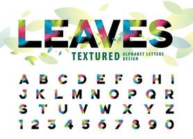 bunte blätter textur fette alphabetbuchstaben und zahlen, moderner palmblattbuchstabe vektor