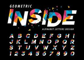 bunte geometrische kursive alphabetbuchstaben und zahlen, moderne dreieckbuchstabenschriften vektor