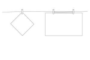 einzelne durchgehende Linie, die eine leere quadratische Notizpapierkarte zeichnet, die mit Holzclip oder Wäscheklammer an einem Seilschnurpflock hängt. Vektor-Illustration. vektor
