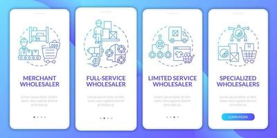 Einzelhändlertyp-Definition beim Onboarding auf der Seite der mobilen App. Distribution Business Walkthrough 5 Schritte grafische Anweisungen mit Konzepten. ui, ux, gui-vektorvorlage mit linearen farbillustrationen vektor