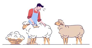 männlicher Bauer, der Schafe schert, flacher Vektorcharakter. Wollproduktion. Viehwirtschaft, Haustierhaltung isoliertes Cartoon-Konzept mit Umriss. Scherer, Landarbeiter, der Merinowolle schneidet vektor
