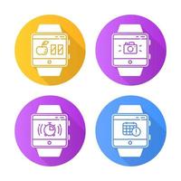 fitness tracker funktioner platt design lång skugga glyph ikoner set. smartwatch-hälsotjänster. kaloriräknare, schemaläggning av händelser, kalender, stoppur, kamera. vektor siluett illustration