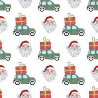 weihnachtsnahtloses muster, mit weihnachtsmann und grünem auto mit einem geschenk auf dem dach. weihnachts- und neujahrskonzept. Die Illustration eignet sich hervorragend für Geschenkpapier und Verpackungen. vektor