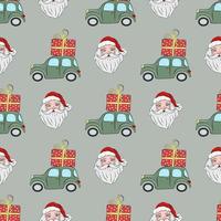 weihnachtsnahtloses muster, mit weihnachtsmann und grünem auto mit einem geschenk auf dem dach. weihnachts- und neujahrskonzept. Die Illustration eignet sich hervorragend für Geschenkpapier und Verpackungen. vektor