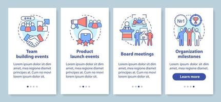 Corporate Event Management Services beim Onboarding auf dem Bildschirm der mobilen App-Seite mit linearen Konzepten. Teambuilding, Produkteinführungsveranstaltungen Walkthrough-Schritte mit grafischen Anweisungen. ux, ui, gui-vektorvorlage vektor