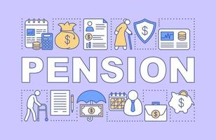 pension ordet begrepp banner. pensionsinkomstfond, pensionsplan för äldre, pensionärer. presentation, hemsida. isolerade bokstäver typografi idé med linjära ikoner. vektor kontur illustration