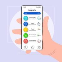 Geographie-Lehrbuch-Smartphone-Schnittstellen-Vektorvorlage. weißes designlayout der mobilen app-seite. Tutorial-Bildschirm zum Selbststudium. flache Benutzeroberfläche für die Anwendung. Hand, die ein Telefon mit E-Learning-Tool auf dem Display hält vektor