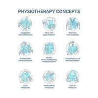 Symbole für das blaue Konzept der Physiotherapie festgelegt. trainieren und dehnen. Wärme- und Kältetherapie. therapeut behandlungsidee dünne linienillustrationen. Vektor isolierte Umrisszeichnungen. editierbarer Strich