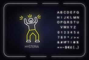 Symbol für Hysterie-Neonlicht. betonen. Person schreit. Mann schreit. Wut und Frust. Reizbarkeit. Psychische Störung. leuchtendes zeichen mit alphabet, zahlen und symbolen. vektor isolierte illustration