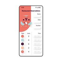 Restaurantreservierungen Smartphone-Schnittstellenvektorvorlage. mobile App-Seite rot-weißes Design-Layout. Tischreservierungsbildschirm. flache Benutzeroberfläche für die Anwendung. Essensplanung. Telefonanzeige vektor