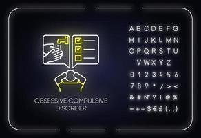 tvångssyndrom neonljusikon. störd man. tänka under press. perfektionist. mental hälsa. glödande tecken med alfabet, siffror och symboler. vektor isolerade illustration