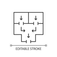 bedeutet, das lineare Symbol des Gebäudes zu verlassen. Flucht aus Mehrfamilienhäusern planen. Notfallsituation. dünne linie anpassbare illustration. Kontursymbol. Vektor isoliert Umrisszeichnung. editierbarer Strich